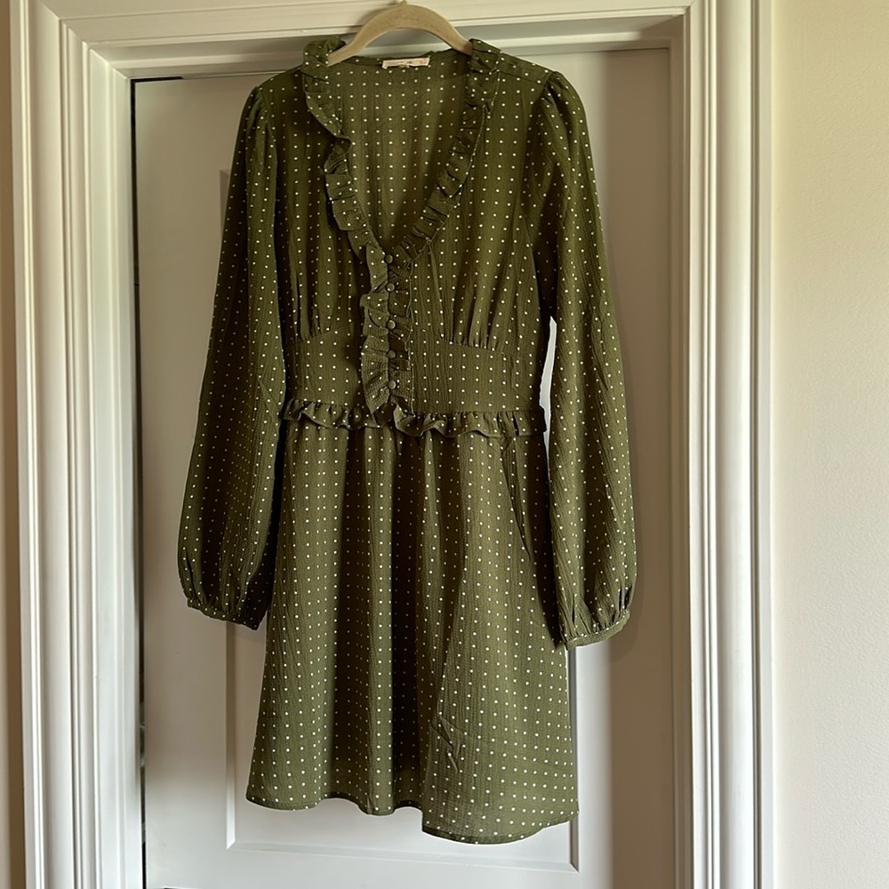 Le Lis Long Sleeve Polka Dot olive mini dress with Ruffle and button front